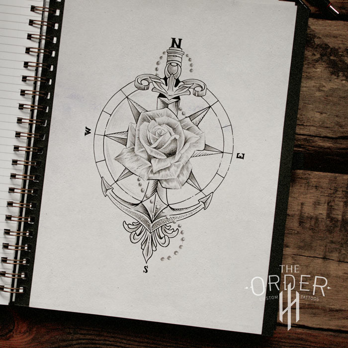 Rose Compass Anchor Sword Sketch - The Order Custom Tattoos