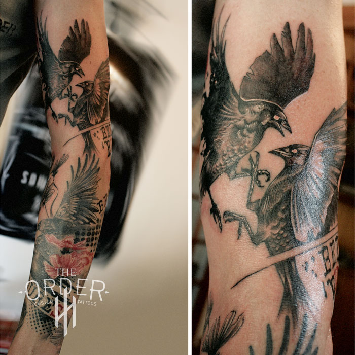 Love Endures Crow Cosmos Trash Polka Sleeve Full Tattoo