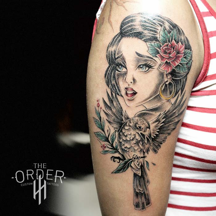 Woman Bird Flower Tattoo