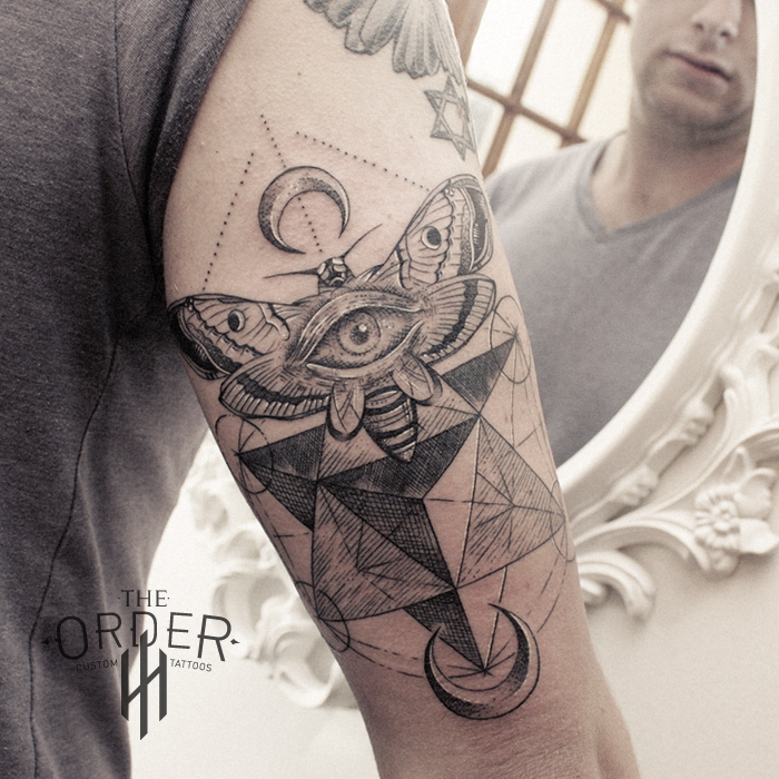 Sacred Geometry With Moth Line Work Tattoo – The Order