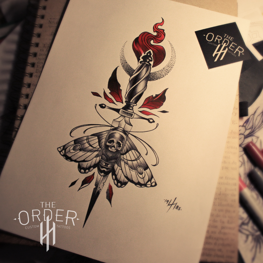Neo Traditional Dagger And Moth Sketch – The Order Custom Tattoos